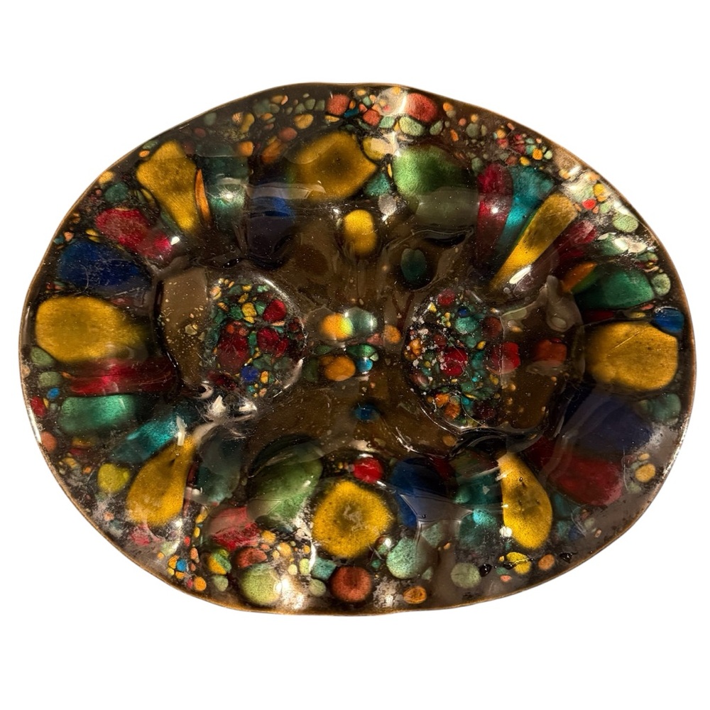 MCM 1969 signed Shaw Studios Rivers Edge NJ Enamel On‎ Copper Ashtray